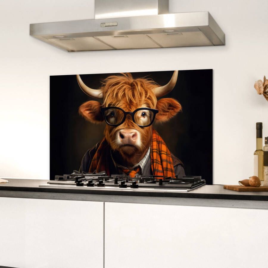 KitchenYeah Spatscherm keuken 60x40 cm Kookplaat achterwand Schotse hooglander Bril Sjaal Dier Muurbeschermer Spatwand fornuis Hoogwaardig aluminium