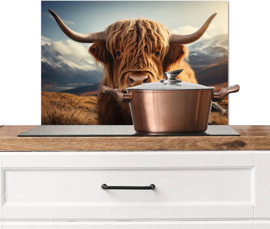 KitchenYeah Spatscherm keuken 60x40 cm Kookplaat achterwand Schotse hooglander Hoorns Bergen Landschap Muurbeschermer Spatwand fornuis Hoogwaardig aluminium