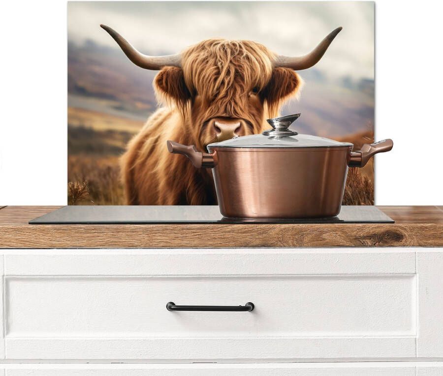 KitchenYeah Spatscherm keuken 60x40 cm Kookplaat achterwand Schotse hooglander Landschap Dier Muurbeschermer Spatwand fornuis Hoogwaardig aluminium