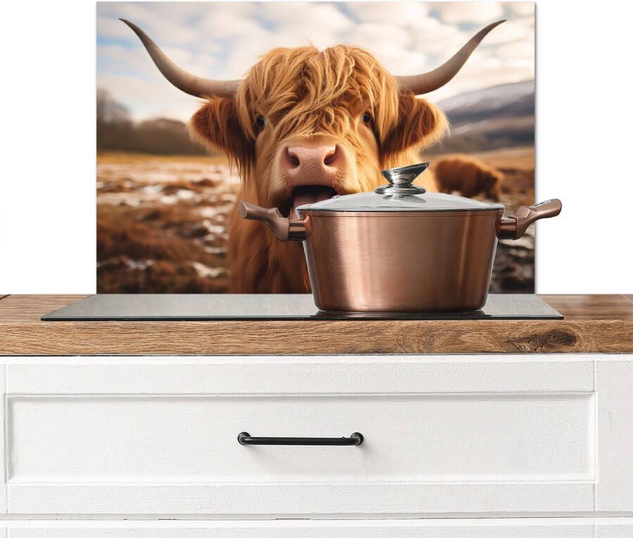 KitchenYeah Spatscherm keuken 60x40 cm Kookplaat achterwand Schotse hooglander Tong Hoorns Muurbeschermer Spatwand fornuis Hoogwaardig aluminium