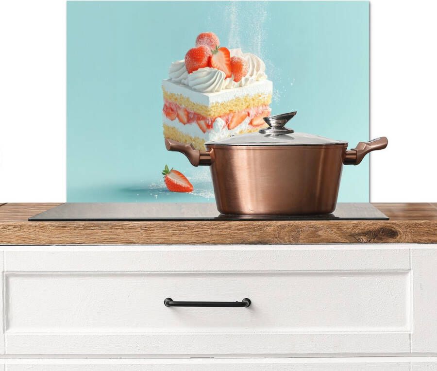 KitchenYeah Spatscherm keuken 60x40 cm Kookplaat achterwand Slagroom Taart Blauw Eten Muurbeschermer Spatwand fornuis Hoogwaardig aluminium