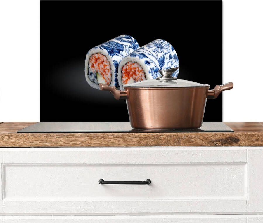 KitchenYeah Spatscherm keuken 60x40 cm Kookplaat achterwand Sushi Delfts blauw Rijst Vis Elegant Muurbeschermer Spatwand fornuis Hoogwaardig aluminium