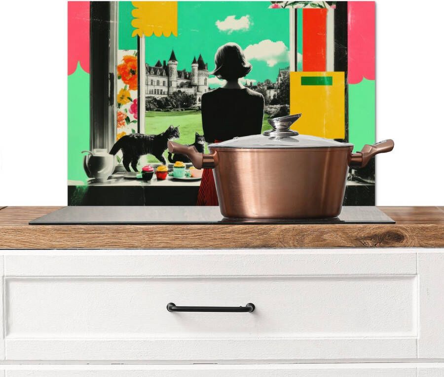 KitchenYeah Spatscherm keuken 60x40 cm Kookplaat achterwand Vrouw Keuken Katten Doorkijk Muurbeschermer Spatwand fornuis Hoogwaardig aluminium