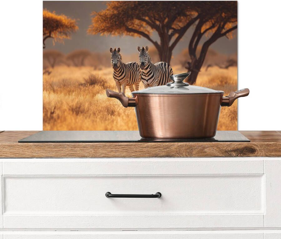 KitchenYeah Spatscherm keuken 60x40 cm Kookplaat achterwand Zebra's Savannelandschap Gras Muurbeschermer Spatwand fornuis Hoogwaardig aluminium