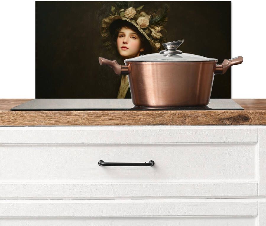 KitchenYeah Spatscherm keuken 70x30 cm Kookplaat achterwand Bloemenhoed Portret Vrouw Muurbeschermer Spatwand fornuis Hoogwaardig aluminium