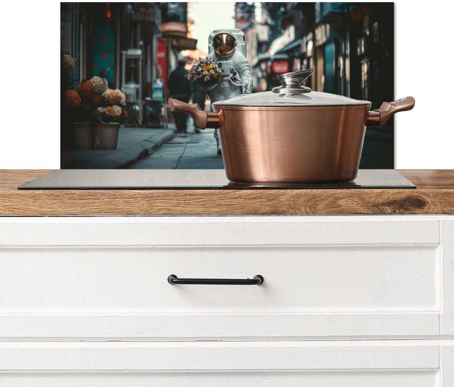 KitchenYeah Spatscherm keuken 70x30 cm Kookplaat achterwand Boeket Bloemen Kleurrijk Astronaut Muurbeschermer Spatwand fornuis Hoogwaardig aluminium