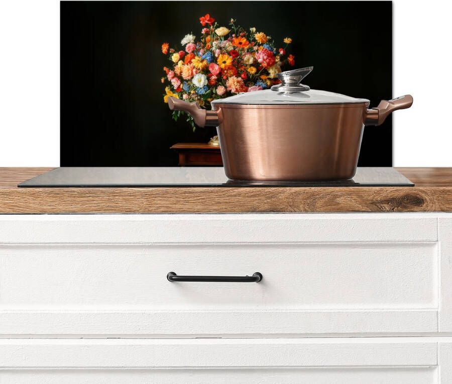 KitchenYeah Spatscherm keuken 70x30 cm Kookplaat achterwand Goud Bloemen Kleuren Vaas Muurbeschermer Spatwand fornuis Hoogwaardig aluminium