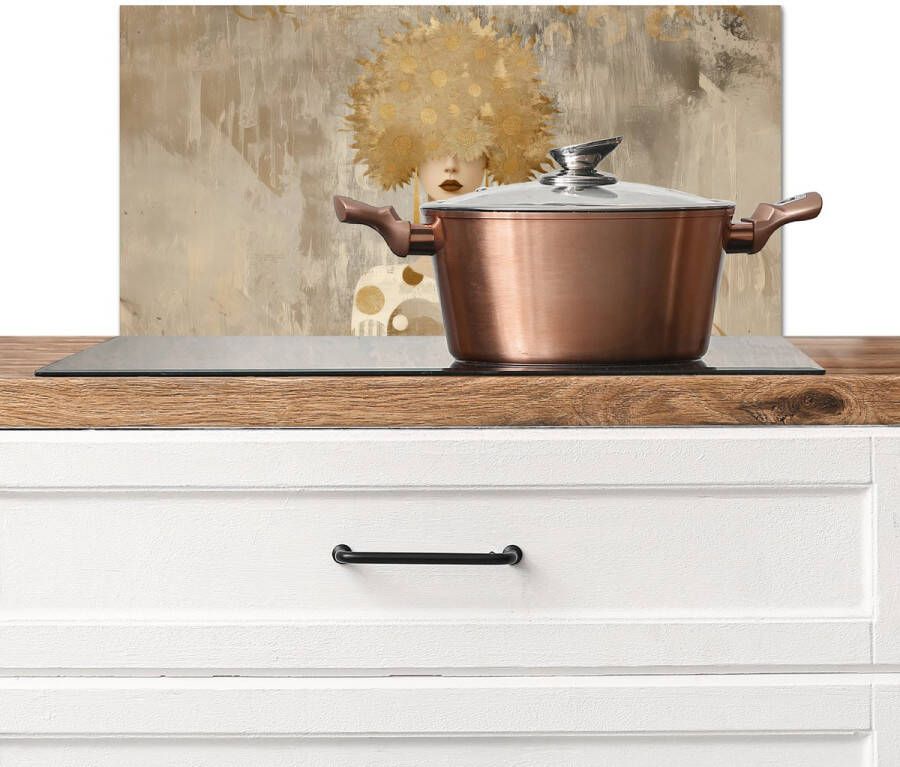 KitchenYeah Spatscherm keuken 70x30 cm Kookplaat achterwand Goud Portret Vrouw Muurbeschermer Spatwand fornuis Hoogwaardig aluminium