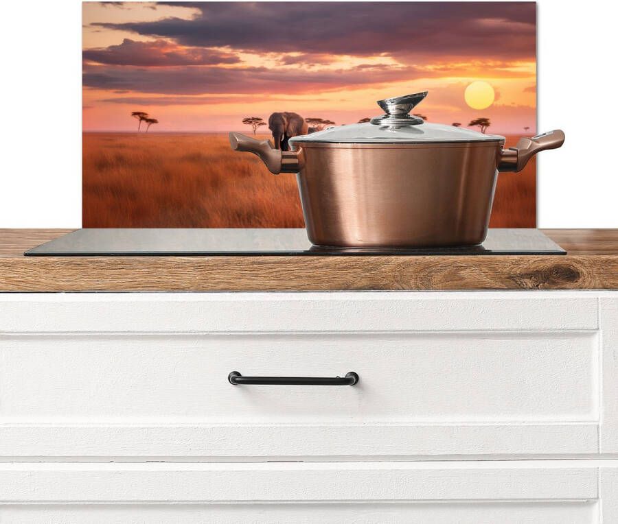 KitchenYeah Spatscherm keuken 70x30 cm Kookplaat achterwand Groep olifanten Open vlakte Zon Muurbeschermer Spatwand fornuis Hoogwaardig aluminium