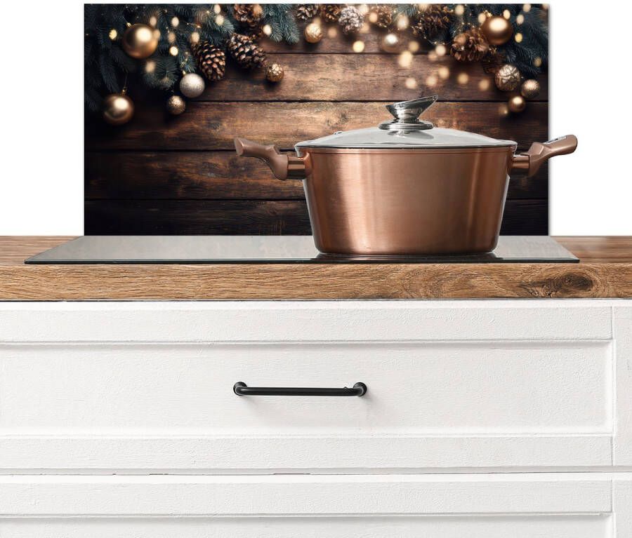KitchenYeah Spatscherm keuken 70x30 cm Kookplaat achterwand Kerstdecoratie Houten Dennenappel Bruin Muurbeschermer Spatwand fornuis Hoogwaardig aluminium