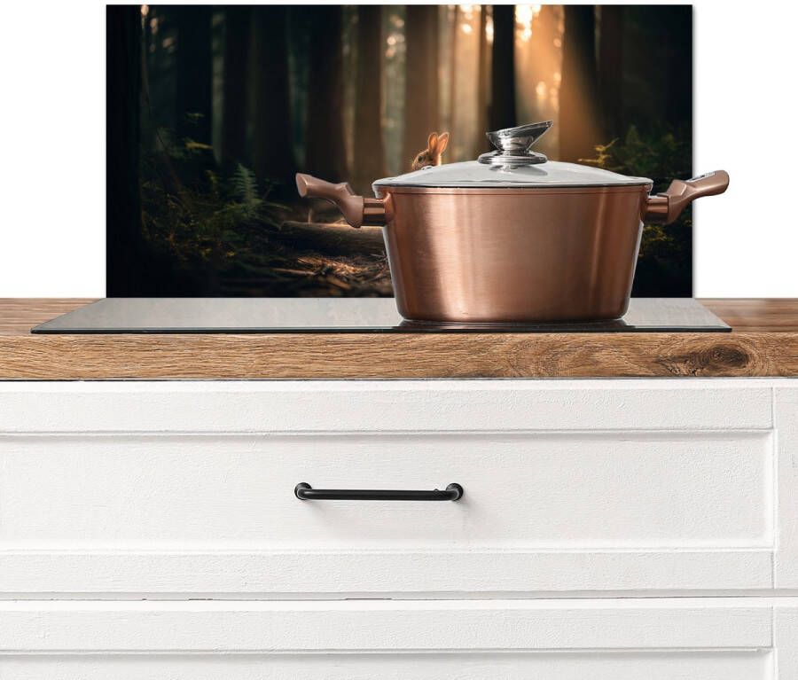 KitchenYeah Spatscherm keuken 70x30 cm Kookplaat achterwand Konijn Bos Zonnestralen Muurbeschermer Spatwand fornuis Hoogwaardig aluminium