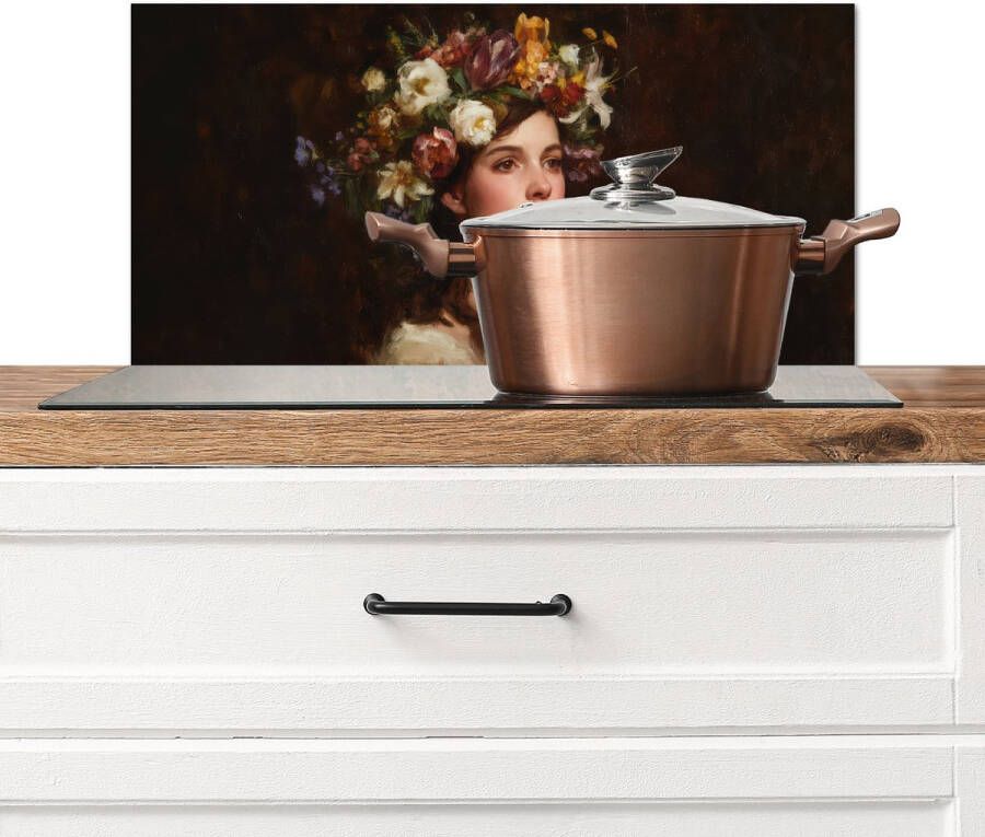 KitchenYeah Spatscherm keuken 70x30 cm Kookplaat achterwand Portret Vrouw Bloemen Muurbeschermer Spatwand fornuis Hoogwaardig aluminium