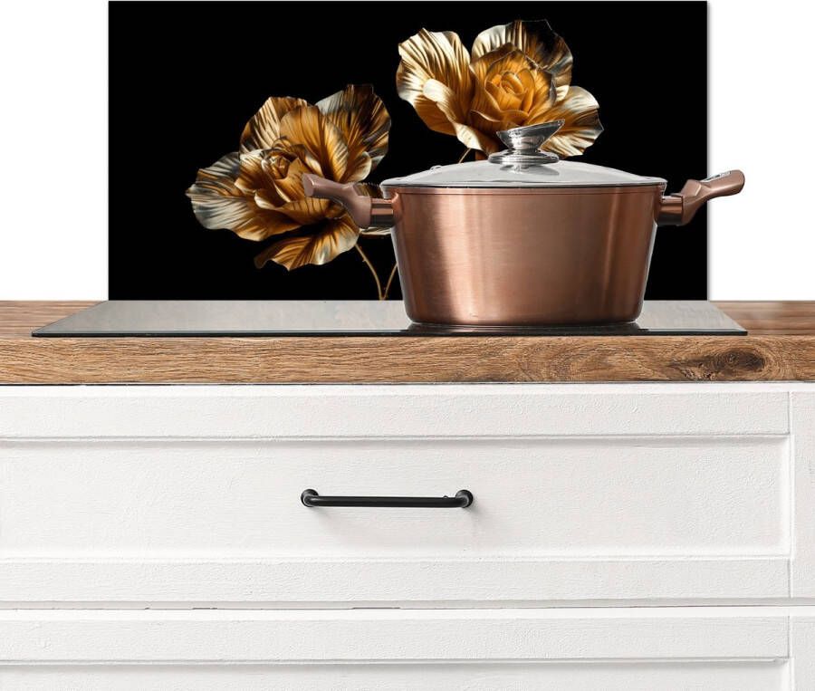 KitchenYeah Spatscherm keuken 70x30 cm Kookplaat achterwand Roos Goud Bloemen Natuur Muurbeschermer Spatwand fornuis Hoogwaardig aluminium