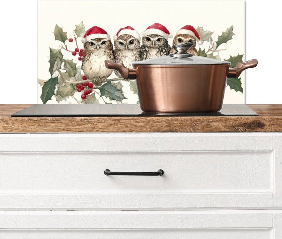KitchenYeah Spatscherm keuken 70x30 cm Kookplaat achterwand Uilen Tak Hulstblaadjes Kerstmuts Muurbeschermer Spatwand fornuis Hoogwaardig aluminium