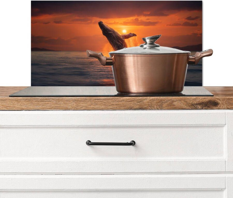 KitchenYeah Spatscherm keuken 70x30 cm Kookplaat achterwand Walvis Zon Zee Muurbeschermer Spatwand fornuis Hoogwaardig aluminium