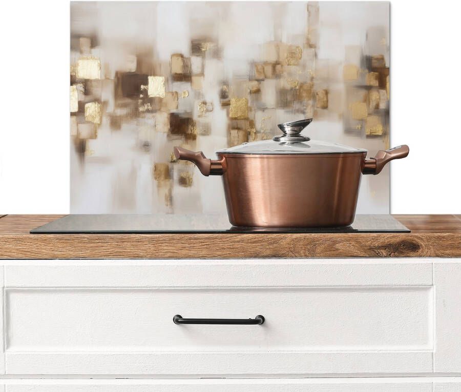 KitchenYeah Spatscherm keuken 70x50 cm Kookplaat achterwand Abstracte vierkanten Aardetonen Mistig Muurbeschermer Spatwand fornuis Hoogwaardig aluminium