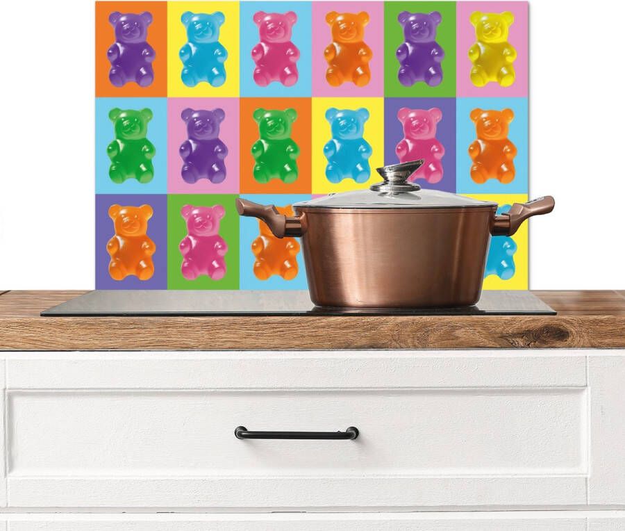 KitchenYeah Spatscherm keuken 70x50 cm Kookplaat achterwand Art- Snoep Gummy Kleurrijk Muurbeschermer Spatwand fornuis Hoogwaardig aluminium