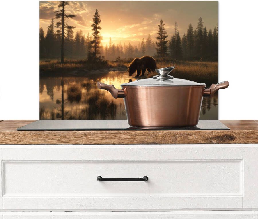 KitchenYeah Spatscherm keuken 70x50 cm Kookplaat achterwand Beer water Bos Ochtendlicht Muurbeschermer Spatwand fornuis Hoogwaardig aluminium