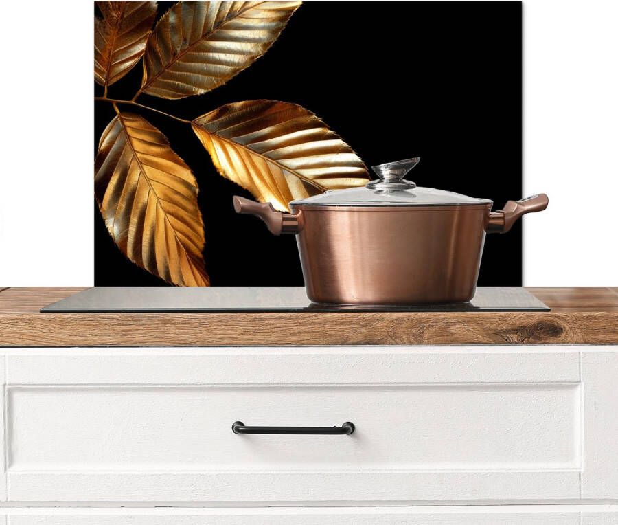 KitchenYeah Spatscherm keuken 70x50 cm Kookplaat achterwand Blad Goud Zwart Luxe Muurbeschermer Spatwand fornuis Hoogwaardig aluminium