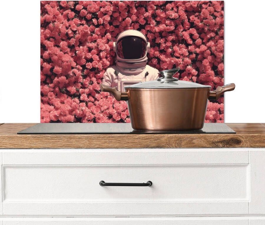 KitchenYeah Spatscherm keuken 70x50 cm Kookplaat achterwand Bloemen Roze Astronaut Muurbeschermer Spatwand fornuis Hoogwaardig aluminium