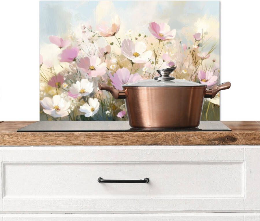 KitchenYeah Spatscherm keuken 70x50 cm Kookplaat achterwand Bloemenveld Lichte tinten Geschilderd Muurbeschermer Spatwand fornuis Hoogwaardig aluminium