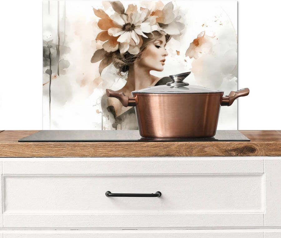 KitchenYeah Spatscherm keuken 70x50 cm Kookplaat achterwand Bloesem Portret Gezicht Muurbeschermer Spatwand fornuis Hoogwaardig aluminium