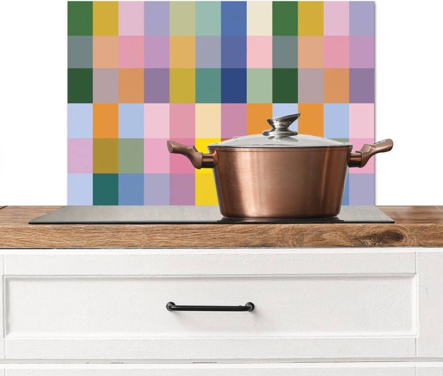 KitchenYeah Spatscherm keuken 70x50 cm Kookplaat achterwand Blokken Vierkant Patroon Gekleurd Muurbeschermer Spatwand fornuis Hoogwaardig aluminium