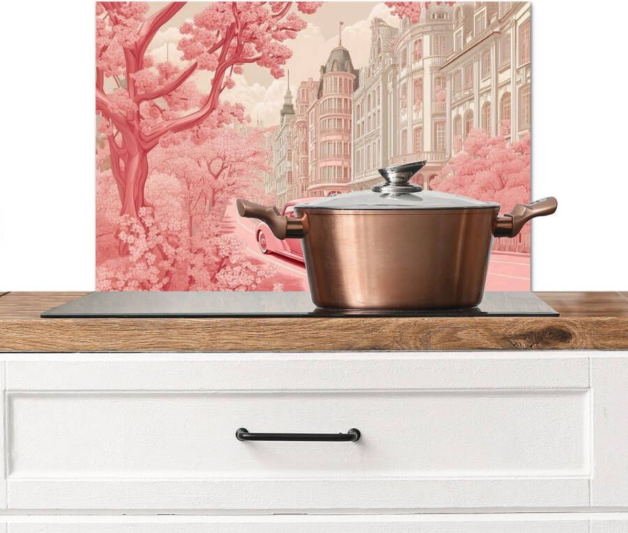 KitchenYeah Spatscherm keuken 70x50 cm Kookplaat achterwand City Car Pink Muurbeschermer Spatwand fornuis Hoogwaardig aluminium