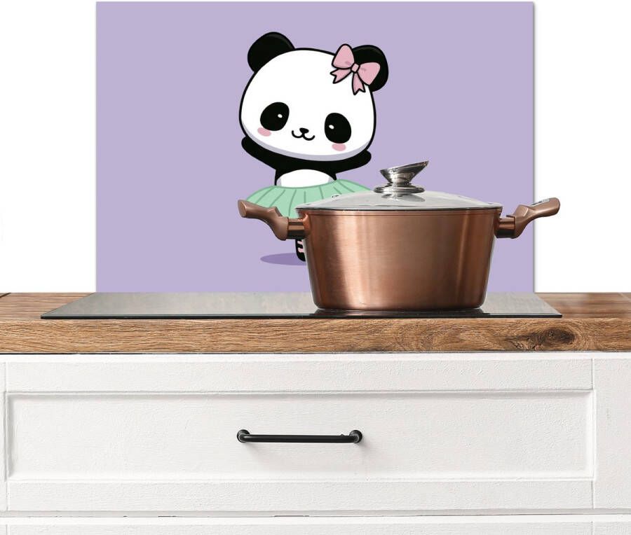 KitchenYeah Spatscherm keuken 70x50 cm Kookplaat achterwand Dansende panda Paars Sierlijk Kawaii Muurbeschermer Spatwand fornuis Hoogwaardig aluminium