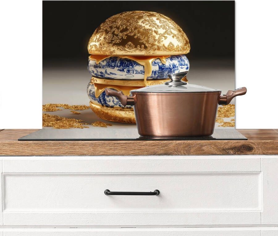 KitchenYeah Spatscherm keuken 70x50 cm Kookplaat achterwand Delftsblauw Goud Burger Muurbeschermer Spatwand fornuis Hoogwaardig aluminium