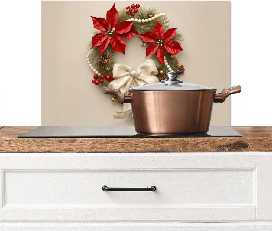 KitchenYeah Spatscherm keuken 70x50 cm Kookplaat achterwand Deurkrans Strik Kerst Rood Groen Muurbeschermer Spatwand fornuis Hoogwaardig aluminium