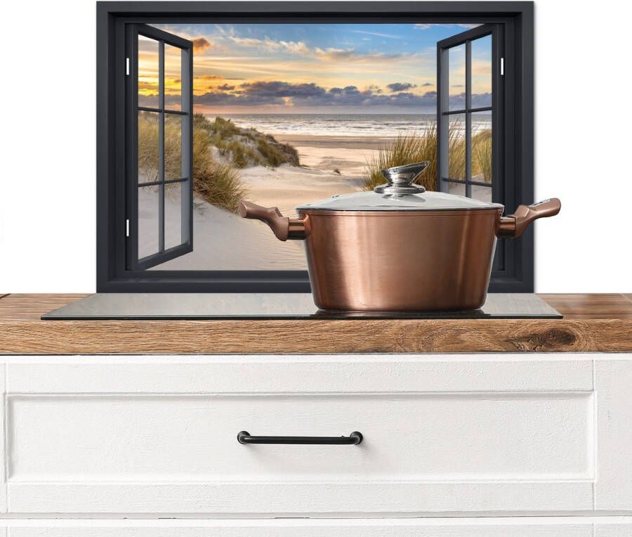 KitchenYeah Spatscherm keuken 70x50 cm Kookplaat achterwand Doorkijk Strand Duinen Natuur Landelijk Raam Muurbeschermer Spatwand fornuis Hoogwaardig aluminium