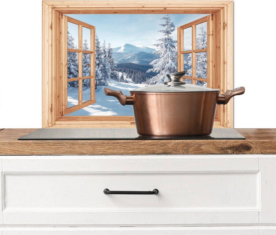 KitchenYeah Spatscherm keuken 70x50 cm Kookplaat achterwand Doorkijk Winterlandschap Natuur Berg Bomen Hout Muurbeschermer Spatwand fornuis Hoogwaardig aluminium