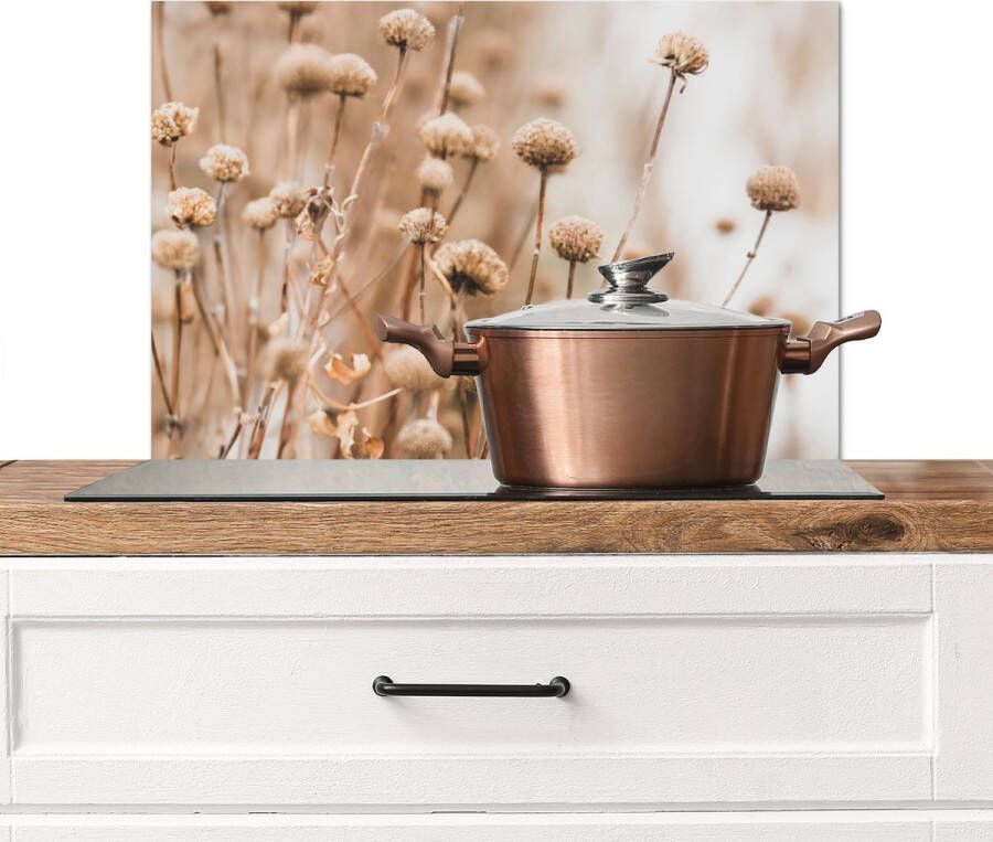 KitchenYeah Spatscherm keuken 70x50 cm Kookplaat achterwand Droogbloemen Beige Bloemen Natuur Muurbeschermer Spatwand fornuis Hoogwaardig aluminium