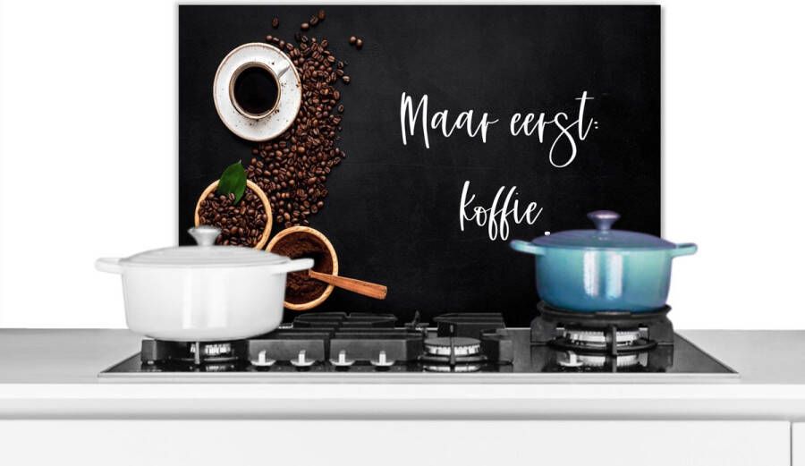 KitchenYeah Spatscherm keuken 70x50 cm Kookplaat achterwand Espressokopjes Maar eerst koffie Quote Spreuk Muurbeschermer Spatwand fornuis Hoogwaardig aluminium