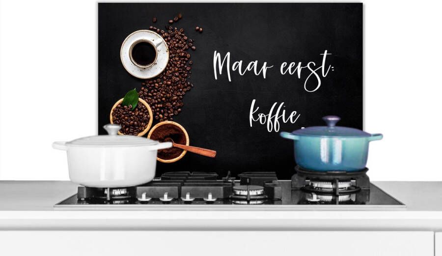 KitchenYeah Spatscherm keuken 70x50 cm Kookplaat achterwand Espressokopjes Maar eerst koffie Quote Spreuk Muurbeschermer Spatwand fornuis Hoogwaardig aluminium