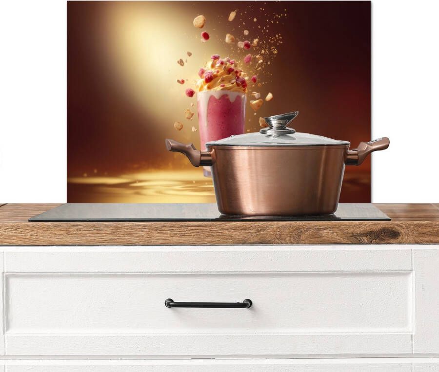 KitchenYeah Spatscherm keuken 70x50 cm Kookplaat achterwand Framboos Smoothie Drinken Roze Muurbeschermer Spatwand fornuis Hoogwaardig aluminium