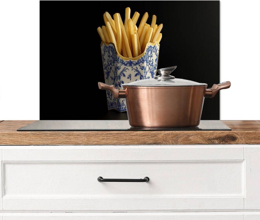 KitchenYeah Spatscherm keuken 70x50 cm Kookplaat achterwand Friet Porselein Delfts blauw Eten Muurbeschermer Spatwand fornuis Hoogwaardig aluminium