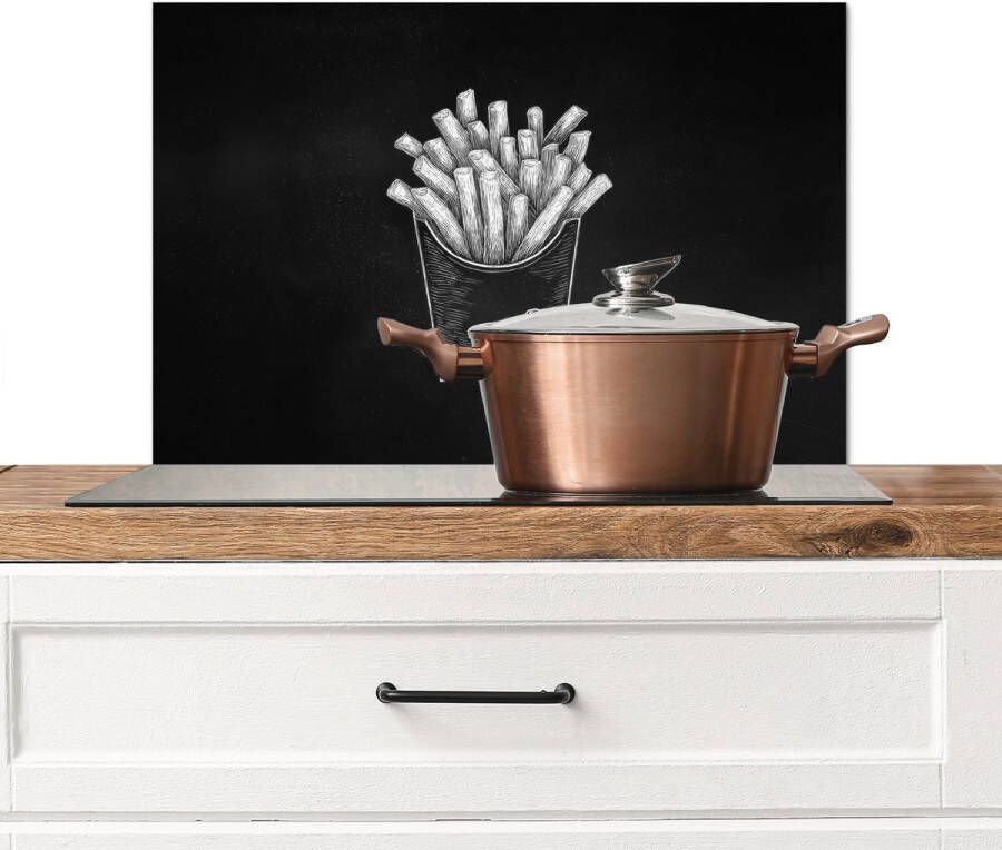 KitchenYeah Spatscherm keuken 70x50 cm Kookplaat achterwand Friet Witte krijttekening Zwart Muurbeschermer Spatwand fornuis Hoogwaardig aluminium