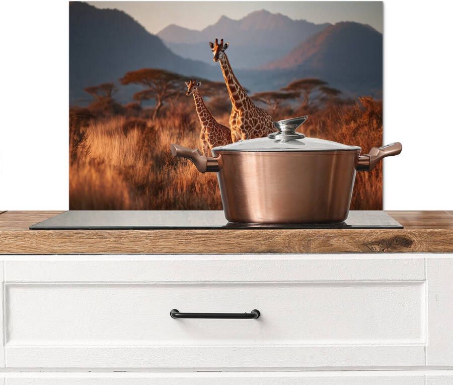 KitchenYeah Spatscherm keuken 70x50 cm Kookplaat achterwand Giraffen Hoog gras Acaciabomen Muurbeschermer Spatwand fornuis Hoogwaardig aluminium