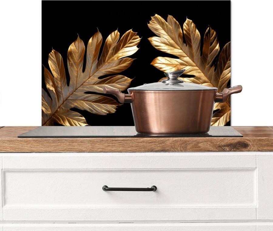 KitchenYeah Spatscherm keuken 70x50 cm Kookplaat achterwand Goud Bladeren Luxe Natuur Muurbeschermer Spatwand fornuis Hoogwaardig aluminium