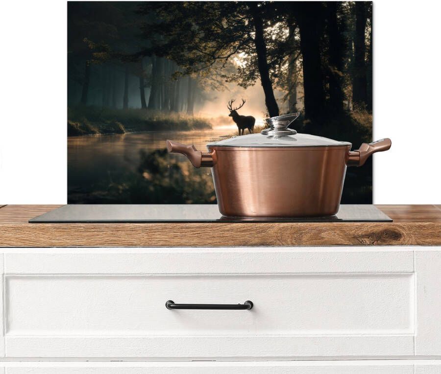 KitchenYeah Spatscherm keuken 70x50 cm Kookplaat achterwand Hert Bosbeek Mystiek Muurbeschermer Spatwand fornuis Hoogwaardig aluminium