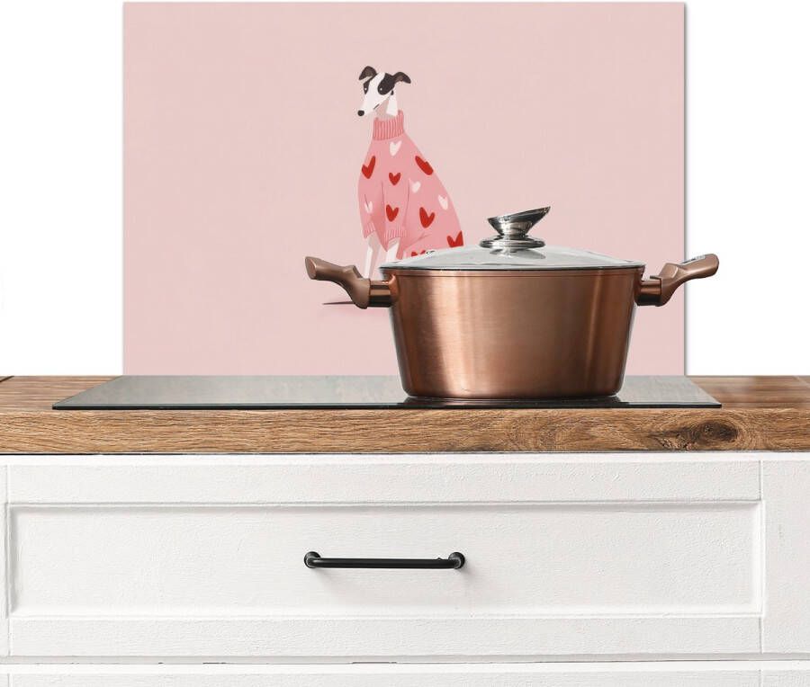 KitchenYeah Spatscherm keuken 70x50 cm Kookplaat achterwand Hond Hartjes Roze Muurbeschermer Spatwand fornuis Hoogwaardig aluminium