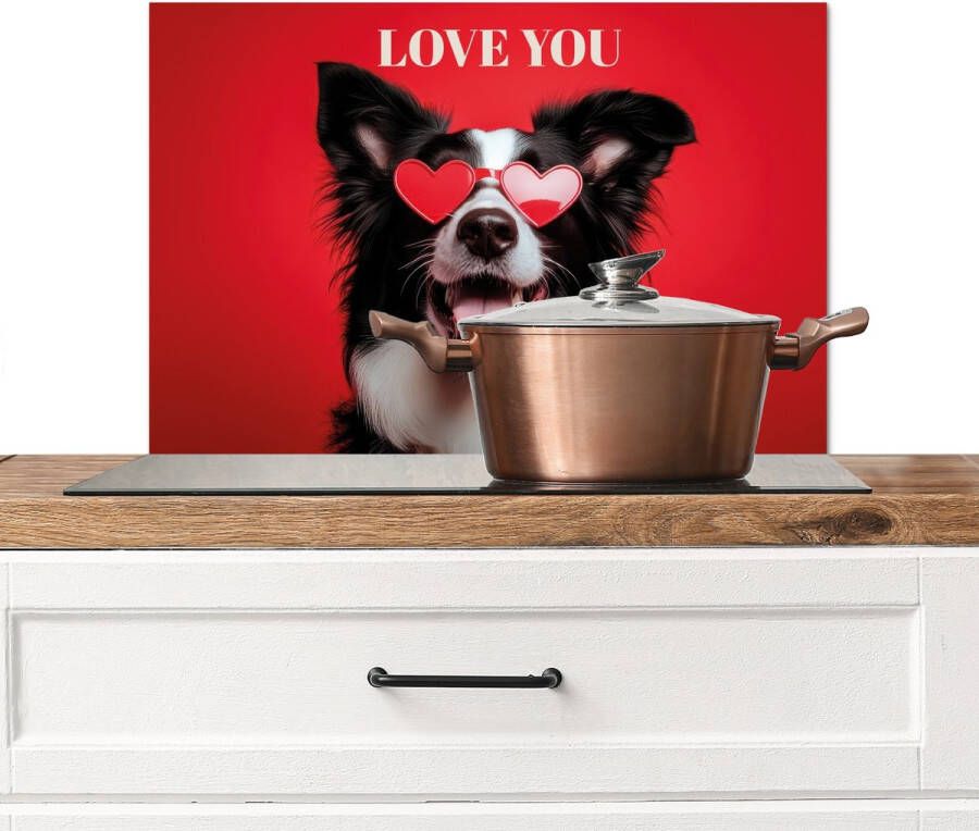 KitchenYeah Spatscherm keuken 70x50 cm Kookplaat achterwand Hond Hartjesbril Loveyou Rood Muurbeschermer Spatwand fornuis Hoogwaardig aluminium