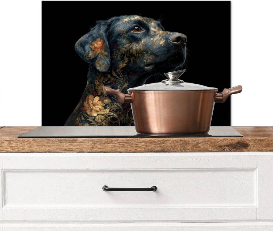 KitchenYeah Spatscherm keuken 70x50 cm Kookplaat achterwand Hond Zwart Bloemen Muurbeschermer Spatwand fornuis Hoogwaardig aluminium