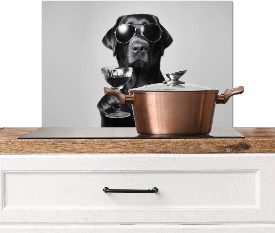 KitchenYeah Spatscherm keuken 70x50 cm Kookplaat achterwand Hond Zwart Wijnglas Zonnebril Muurbeschermer Spatwand fornuis Hoogwaardig aluminium