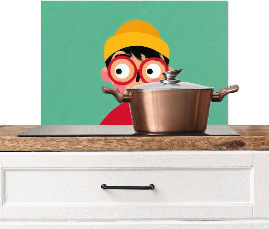 KitchenYeah Spatscherm keuken 70x50 cm Kookplaat achterwand Jongen Cartoon Bril Muts Muurbeschermer Spatwand fornuis Hoogwaardig aluminium