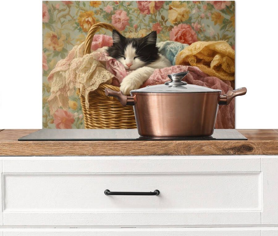 KitchenYeah Spatscherm keuken 70x50 cm Kookplaat achterwand Kat Bloemenprint Rieten mand Muurbeschermer Spatwand fornuis Hoogwaardig aluminium