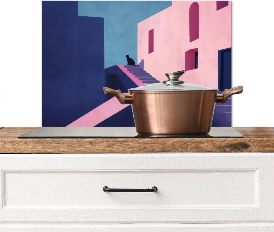 KitchenYeah Spatscherm keuken 70x50 cm Kookplaat achterwand Kat Trap Gebouwen Schaduwcontrasten Muurbeschermer Spatwand fornuis Hoogwaardig aluminium