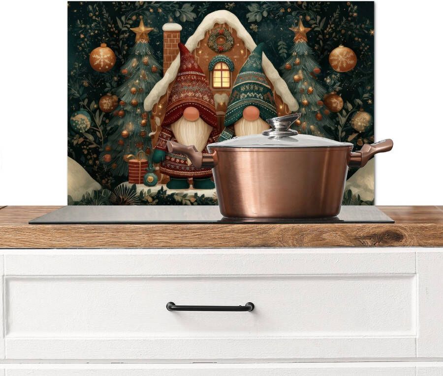 KitchenYeah Spatscherm keuken 70x50 cm Kookplaat achterwand Kerst Gnomen Peperkoekhuisje Rood Groen Muurbeschermer Spatwand fornuis Hoogwaardig aluminium